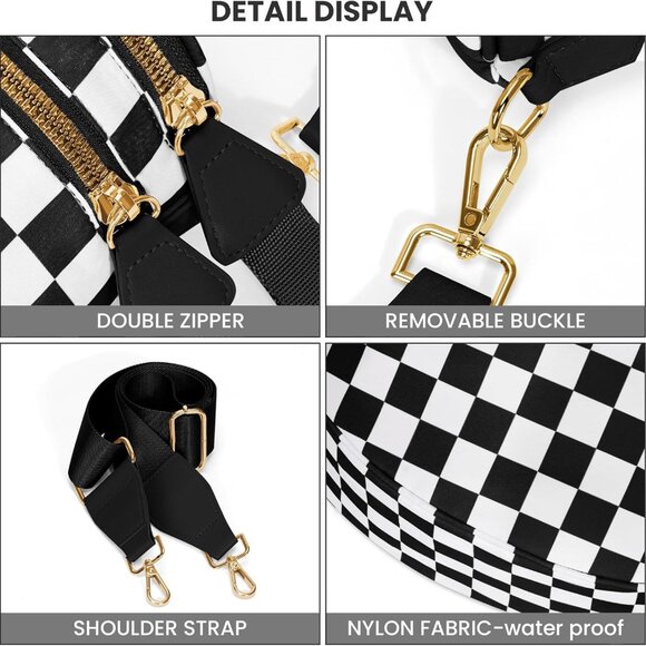 Stylish Black and White Checkered Crossbody Purse with Zipper Compartments - Picture 4 of 8